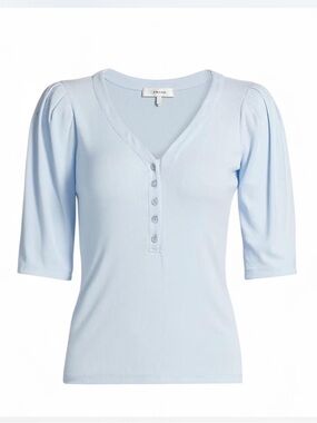 Frame Denim Pale Blue Ribbed V-Neck Henley with Puff Sleeves